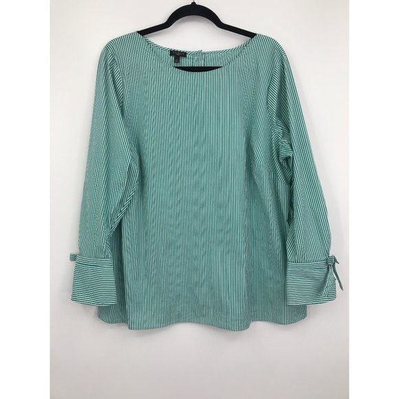 Talbots Tops - Talbots Poplin Popover Green White Striped Long Sleeve Bow Top 1X